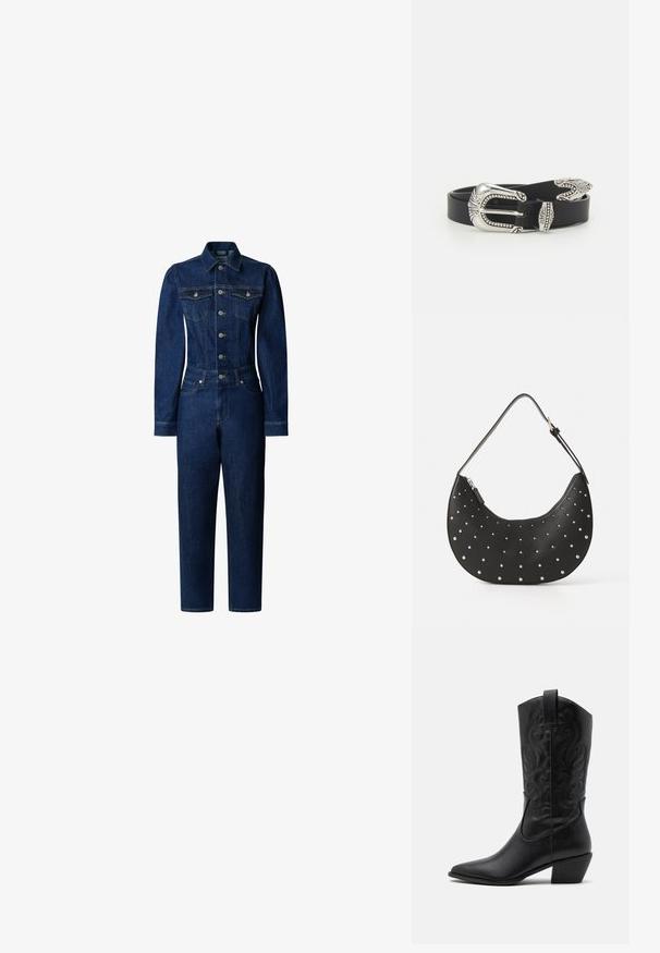 Salopette en denim bleu foncé, avec des manches longues, un buste ajusté, une fermeture à cinq boutons, et des poches poitrine avec des détails de couture.; Bottes de cowboy en cuir noir avec un bout pointu, des motifs en relief en spirale et un talon de hauteur moyenne. Équipées d'une languette pour un enfilage facile.; Sac à main en cuir noir avec une forme arrondie, orné de clous en argent, doté d'une fermeture éclair et d'une seule sangle ajustable.; Ceinture en cuir noir avec une grande boucle en métal argenté dotée de détails complexes et d'accents décoratifs à chaque extrémité.
