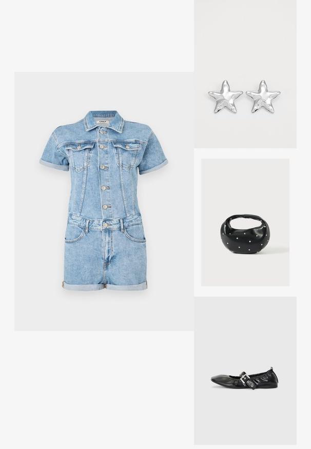 Salopette en denim bleu clair, avec des manches courtes, un boutonnage sur le devant, deux poches poitrine et des ourlets roulés. Texture classique du jean.; Chaussure plate en cuir noir avec un nez pointu, des détails froncés autour de l'ouverture et un accent en boucle argentée sur la bride ajustable.; Sac à main en cuir noir de forme arrondie, décoré de clous argentés et équipé d'une poignée courte. Texture lisse et fermeture éclair.; Boucles d'oreilles argentées en forme d'étoile, avec une surface lisse et brillante. Chaque boucle d'oreille possède cinq pointes et des détails subtils de texture de surface.