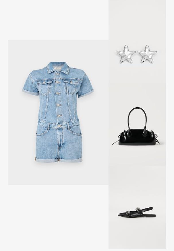 Lichtblauwe denim jumpsuit met korte mouwen, knoopsluiting aan de voorkant, twee borstzakken en opgerolde zomen. Klassieke jeansstructuur.; Even&Odd by Zalando Slingback ballerina´s - black; Kleine zwarte glanzende handtas met twee lange hengsels en zijkant trekkoord details op een effen lichte achtergrond.; Zilveren stervormige oorbellen met een gepolijste, glanzende afwerking. Elke oorbel heeft vijf punten en subtiele textuurdetails op het oppervlak.