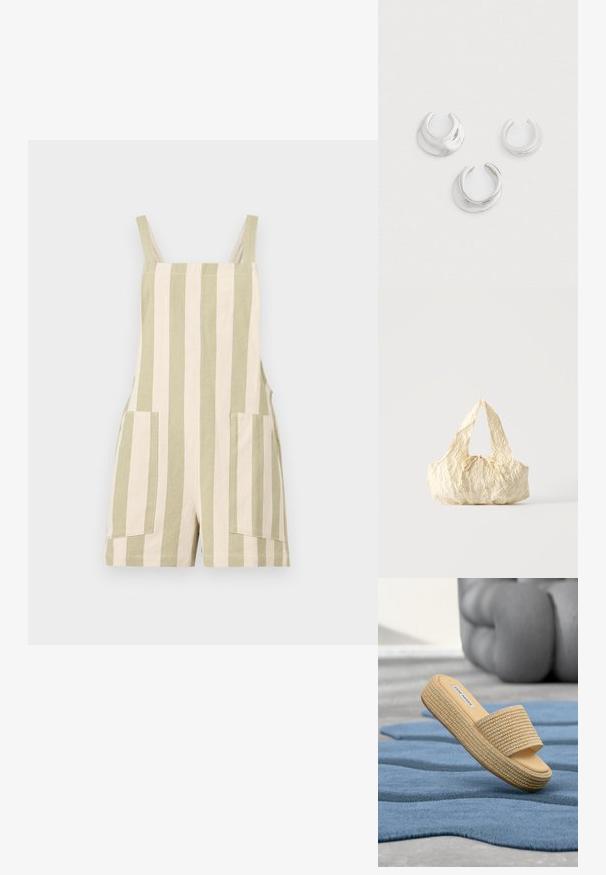 Salopette courte sans manches avec des rayures verticales beige et blanc cassé et deux poches avant sur fond uni.; Sandale à plateforme tissée beige avec une large bride et une étiquette Steve Madden, flottant au-dessus d’un tapis bleu texturé sur un sol gris.; Sac à main en tissu texturé couleur crème avec des anses sur le dessus et un petit nœud noué au centre devant.; Trois boucles d'oreilles en argent en forme de cerceaux ouverts avec des designs lisses et arrondis sur un fond clair uni, disposées en motif triangulaire.