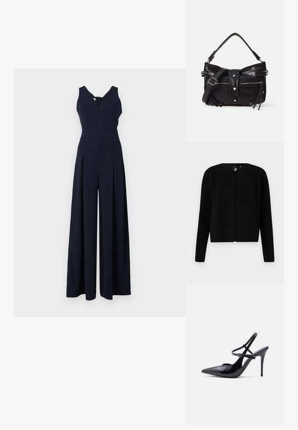 Marine jumpsuit med dyb V-udskæring, ærmeløs design og brede plisserede ben. Fremstillet af glat, let stof med lynlås i ryggen.; Vero Moda Knitted VMMARINA Knit - Cardigan - black; Sort laklædersko med spids tå og høj hæl, med to smalle justerbare ankelstropper og en stilet hæl, vist fra siden.; Even&Odd H24462 - Håndtasker - black
