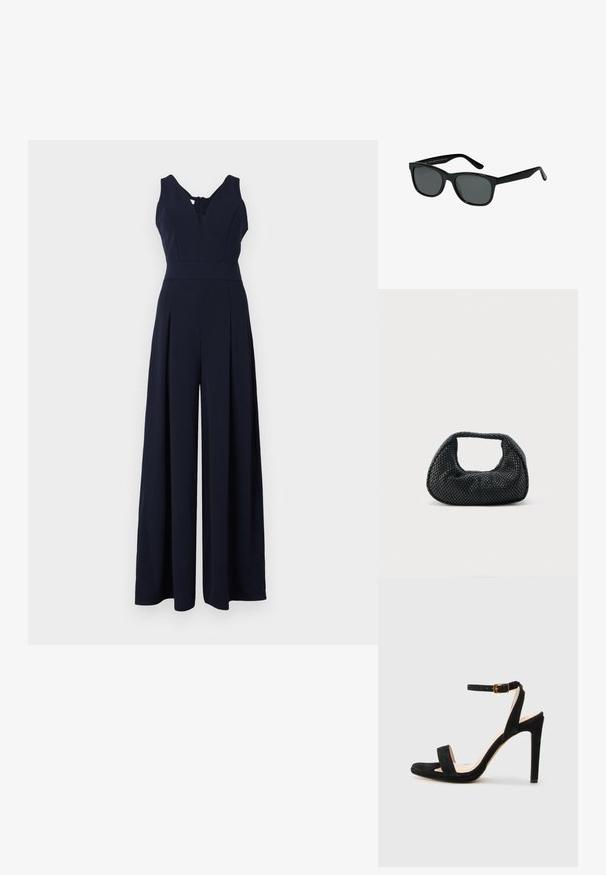 Marine jumpsuit med dyb V-udskæring, ærmeløs design og brede plisserede ben. Fremstillet af glat, let stof med lynlås i ryggen.; Sort ruskind højhælede sandaler med åben tå, en bred rem foran og en justerbar ankelrem med en gylden spænde.; Sorte plastiksolbriller med mørke linser, rektangulært stel, fladt topstykke og robuste stænger. Har minimal branding på indersiden af stangen.; Sort flettet hobo-taske med blød struktur og integreret håndtag, vist på en ensfarvet lys baggrund.