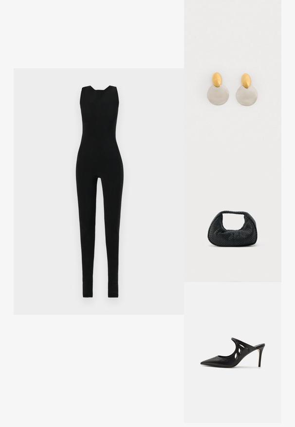 Black jumpsuit with a sleeveless design, featuring a rounded neckline and fitted legs. Material appears smooth and stretchy, with no additional details.; Black leather high-heeled mules with a pointed toe, cut-out side design, and sleek texture. Stiletto heel and subtle stitching detail.; Black woven hobo bag with a soft structure and integrated handle, displayed on a plain light background.; Gold and silver metal earrings featuring a round disc base and an oval top piece, smooth texture, and polished finish.