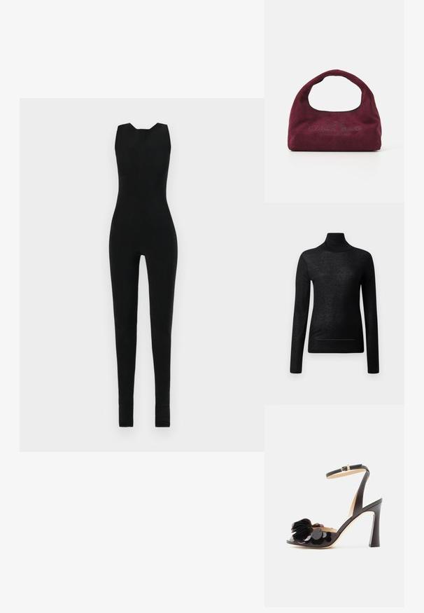Sort jumpsuit med ærmeløst design, der har en rund halsudskæring og tætsiddende ben. Materialet ser glat og strækbart ud, uden yderligere detaljer.; Sort langærmet turtle neck top lavet af letvægtsstof, med en tætsiddende design og minimale sømdetaljer, velegnet til lagdeling.; Sort højhælet sandal med ankrem og store dekorative sorte palietter og kronblade på tåremmen.; Lille bordeaux ruskindshåndtaske med buet håndtag, "THE SACK BAG MARC JACOBS" præget på forsiden, sat mod en hvid baggrund.