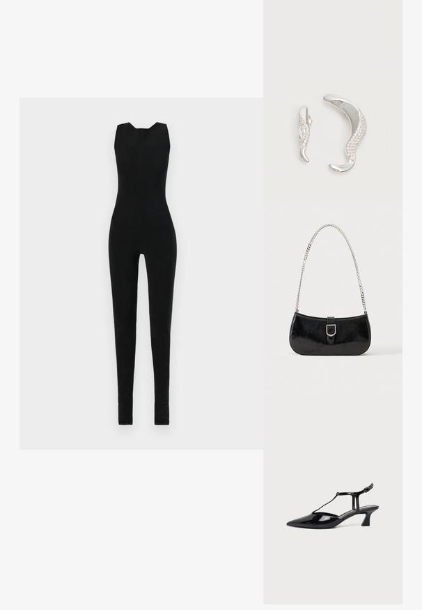 Schwarzer Jumpsuit mit ärmellosem Design, runder Halslinie und schmal geschnittenen Beinen. Das Material scheint glatt und dehnbar zu sein, ohne zusätzliche Details.; Schwarzer Slipper aus Lackleder mit spitz zulaufender Kappe, T-Riemen und niedrigem, schrägem Blockabsatz vor weißem Hintergrund.; Schwarze Schultertasche aus Lackleder mit silberner Schnalle und silbernem Kettenriemen, auf hellem einfarbigen Hintergrund präsentiert.; Zwei gebogene silberne Ohrringe, einer größer als der andere, beide mit kleinen funkelnden Kristallen entlang einer Kante verziert.