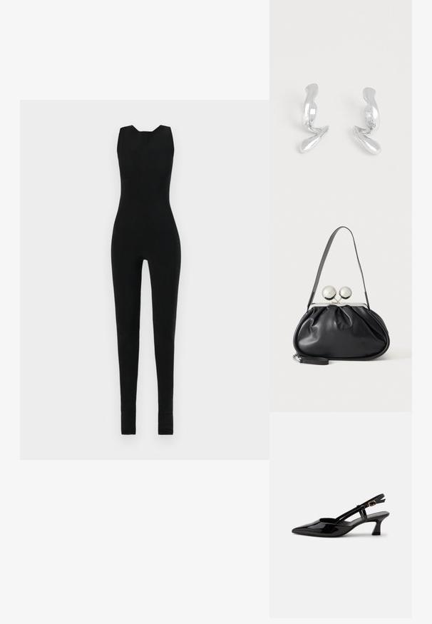 Combinaison noire sans manches, avec un col rond et des jambes ajustées. Le matériau semble lisse et extensible, sans détails supplémentaires.; Chaussure slingback en cuir verni noir à petit talon, bout pointu et bride réglable avec boucle dorée sur fond blanc.; Sac à main en cuir noir avec un design plissé, une sangle unique, un cadre métallique argenté et deux grandes fermoirs ronds en argent.; Paire de boucles d'oreilles en métal argenté brillant de forme abstraite sur un fond blanc uni.