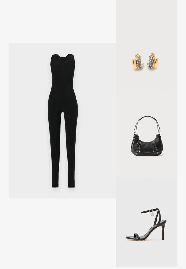 Sort jumpsuit med ærmeløst design, der har en rund halsudskæring og tætsiddende ben. Materialet ser glat og strækbart ud, uden yderligere detaljer.; Sort hæl-sandal med smal ankrem, firkantet tå-boks, glat lædermateriale og metalspænde som pynt.; Sort skuldertaske i læder med to lodrette guldglidelåse og "LOVE MOSCHINO"-logo i guld foran.; Guld øreringe med buet design prydet med rækker af små klare krystaller på en hvid baggrund.