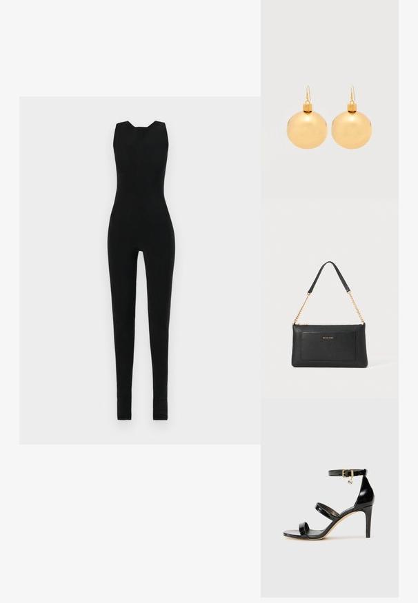 Combinaison noire sans manches, avec un col rond et des jambes ajustées. Le matériau semble lisse et extensible, sans détails supplémentaires.; Sandale en cuir verni noir avec trois brides, boucle de cheville et talon aiguille de 10 cm. Présente un détail en métal doré et un charm logo.; Pochette en cuir noir avec une texture en relief, bandoulière en chaîne dorée et une poche avant. Elle arbore un logo doré sur le devant.; Paire de boucles d'oreilles boule de Noël dorées brillantes avec fermoirs à crochet sur fond blanc uni.