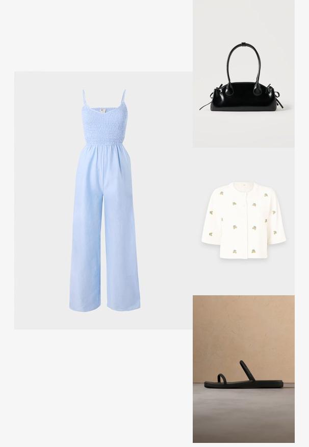 Lysblå jumpsuit lavet af blødt stof, med et smocked bodice, tynde stropper og vide ben for en løs pasform.; Object OBJTHESS - Cardigan - cloud dancer/lemon; Sort Crocs-sandal med minimalistiske dobbelte stropper svævende over beige tæppe i et neutralt farvet rum med blødt møblement i baggrunden.; Lille sort blank håndtaske med to lange håndtag og snøre-detaljer i siden på en ensfarvet lys baggrund.