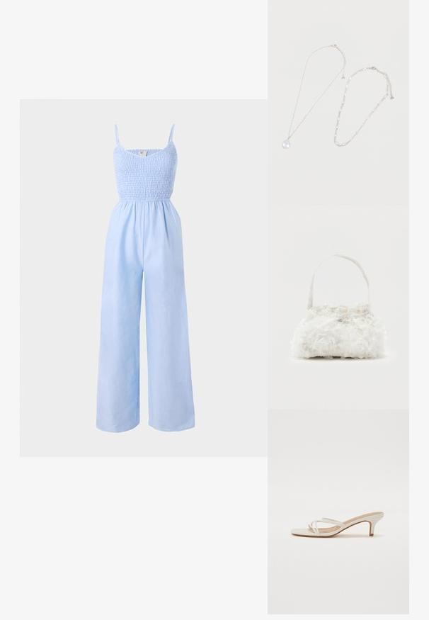 Lysblå jumpsuit lavet af blødt stof, med et smocked bodice, tynde stropper og vide ben for en løs pasform.; Hvide block-heel sandaler har tynde stropper og et kvadratisk tådesign. Hælen er ca. midt-høj, med en glat overflade.; Lille hvid håndtaske med stofroser, der dækker kroppen, og et tyndt enkelt skulderremshåndtag på en ensfarvet baggrund.; To sølvhalskæder på hvid baggrund, den ene med dråbeformet krystalvedhæng, den anden med ovale krystalled.