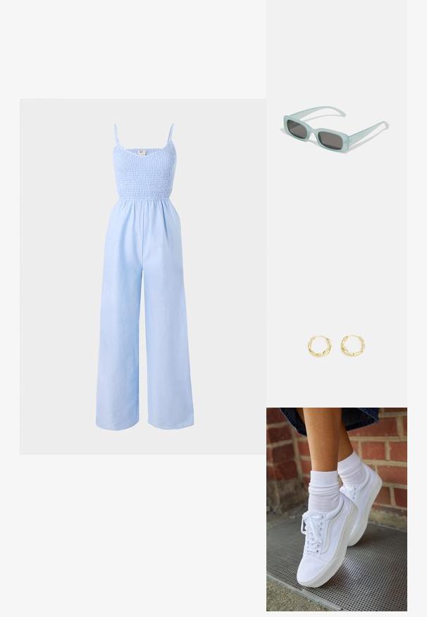 Lysblå jumpsuit lavet af blødt stof, med et smocked bodice, tynde stropper og vide ben for en løs pasform.; Hvide lærreds sneakers med gummisåler, der har seks snørehuller, rund tå og let sømdetaljer, krydret med hvide ankelstrømper.; Et par rektangulære solbriller med lyseblå gennemsigtige stel og mørkegrå linser, der har lige templer og minimale hardware detaljer.; Guld hoops øreringe med en tekstureret, ujævn overflade. Har et let design og cirkulær form, egnet til hverdagsbrug.