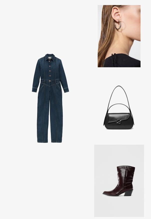 Balles en denim bleu foncé avec manches longues, boutons sur le devant, col classique et jambes larges. Détails de couture distinctifs tout au long.; Bottines en cuir bourgogne avec un bout pointu, une surface texturée et un petit talon effilé. Présente une couture discrète et un ajustement confortable.; Sac à bandoulière en cuir noir avec un rabat incurvé fermé par un fermoir métallique rond et une sangle fine et ajustable.; Boucle d'oreille en argent avec une finition polie, présentant de petits détails en or et de forme ronde, portée sur le lobe.