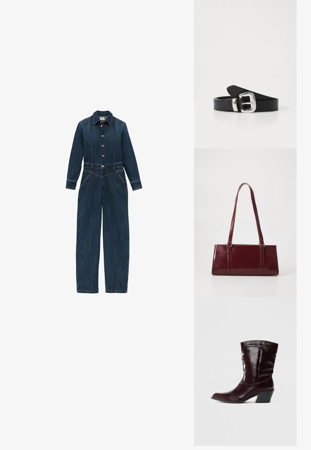 Donkerblauwe denim jumpsuit met lange mouwen, knoopsluiting aan de voorkant, klassieke kraag en brede pijpen. Kenmerkende stikseldetails overal.; Bordeaux leren enkellaarsjes met een spitse neus, textuur op het oppervlak en een taps toelopende lage hak. Heeft subtiele stiksels en een strakke pasvorm.; Bourgondische handtas van glanzend materiaal, rechthoekige vorm, met twee schouderbanden en subtiele gebogen accenten aan de voorkant.; Zwarte leren riem met een zilveren metalen gesp, met een gladde textuur en een schoon, minimalistisch ontwerp.