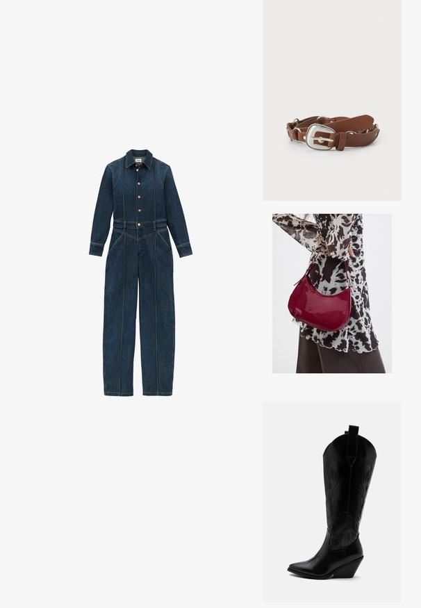 Donkerblauwe denim jumpsuit met lange mouwen, knoopsluiting aan de voorkant, klassieke kraag en brede pijpen. Kenmerkende stikseldetails overal.; Zwarte leren cowboylaars met puntige neus, schuine blokhak, decoratieve stiksels en aantreklusjes bovenaan tegen een witte achtergrond.; Vrouw met een zwart-wit gebloemde blouse houdt een glanzende rode schoudertas vast tegen een effen achtergrond.; Bruine faux leren riem met een zilveren rechthoekige gesp, voorzien van een getextureerde rand en ronde hardware accenten.
