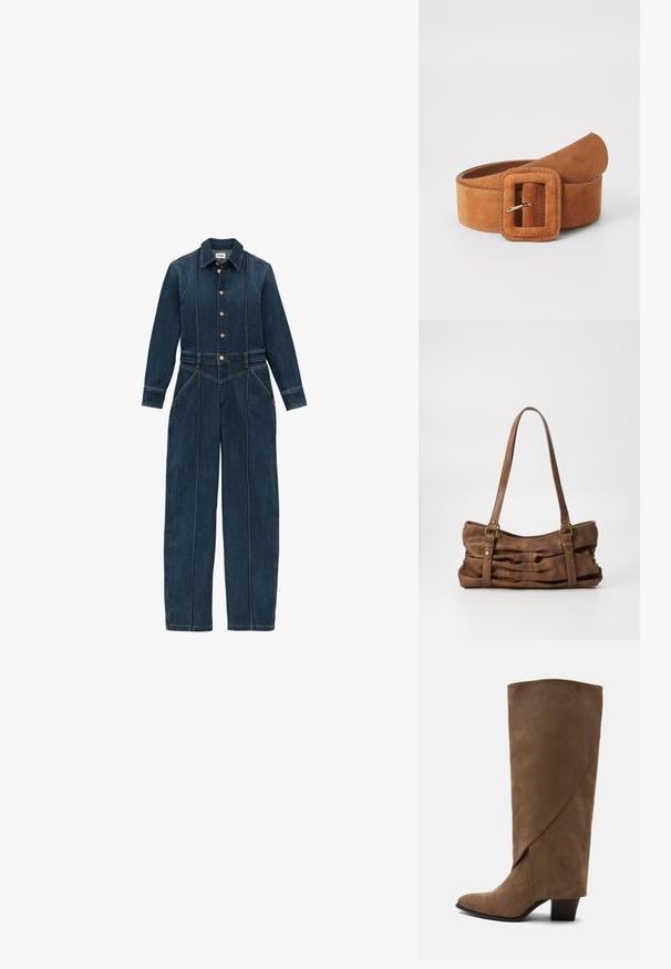 Mørkeblå denim jumpsuit med lange ærmer, knaplukning foran, klassisk krave og brede ben. Distinkte syninger hele vejen igennem.; Brun ruskind knehøj støvle med en foldet detalje og en mellemhøj blokhæl, vist fra siden på en hvid baggrund.; Even&Odd Håndtasker - brown; ONLY ONLKAIA - Bælter - cognac