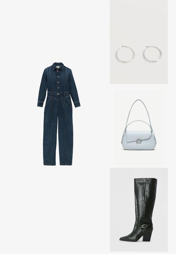 Tume sinine teksajumpsuit pikkade varrukatega, nööpidega ees, klassikalise kraega ja laiad püksijala osad. Silmapaistvad õmbluse detailid üle kogu toote.; Roheline nahast põlve pikkune saabas terava ninaga, plokk-kandiga ja dekoratiivse rihmaga, millel on hõbedane lingi detail. Sile tekstuur, millel on sära.; Helehall sinine nahast käekott ümmarguse klapi, hõbedase ümmarguse klambri ja kahe õlakotiga, taustal ilma erilise mustrita.; Hõbedased metallist rõngakujulised kõrvarõngad, millel on sile, kergelt kaarduv pind ja lukustuvad tagused kinnitused, valgel taustal.
