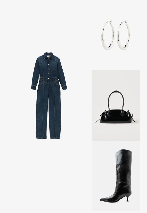 Mørkeblå denim jumpsuit med lange ærmer, knaplukning foran, klassisk krave og brede ben. Distinkte syninger hele vejen igennem.; Sort skinnende knæhøj læderstøvle med spids tå og lav buet hæl på en ensfarvet lys baggrund.; Lille sort blank håndtaske med to lange håndtag og snøre-detaljer i siden på en ensfarvet lys baggrund.; Sølvøreringe i form af hoops med en glat, blank finish. Cirkulær form, der har en sikker lås. Simpelt og elegant design.
