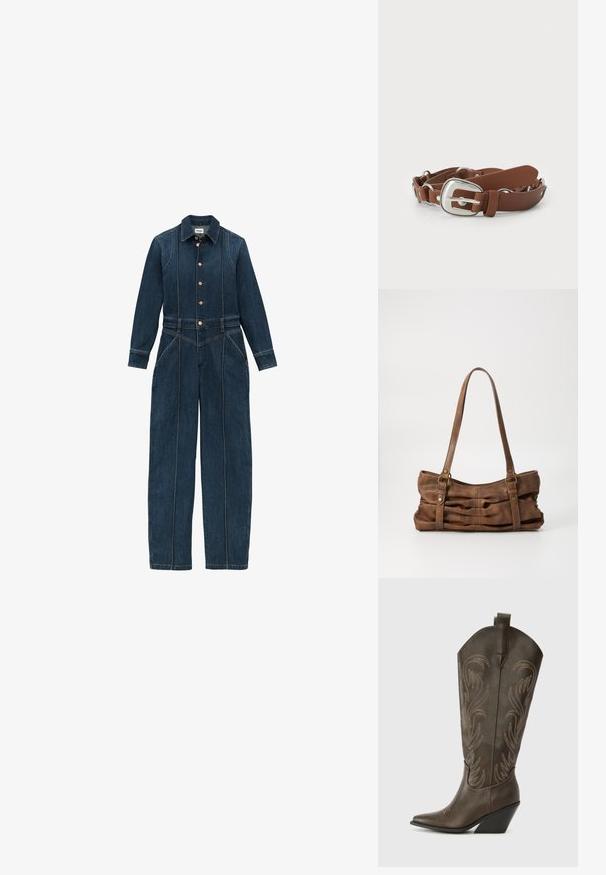 Donkerblauwe denim jumpsuit met lange mouwen, knoopsluiting aan de voorkant, klassieke kraag en brede pijpen. Kenmerkende stikseldetails overal.; Bruine leren cowboylaars met een spitse neus, wiggenhak en decoratieve borduursels. Heeft een hoge schacht en een trekriem.; Even&Odd Handtas - brown; Bruine faux leren riem met een zilveren rechthoekige gesp, voorzien van een getextureerde rand en ronde hardware accenten.
