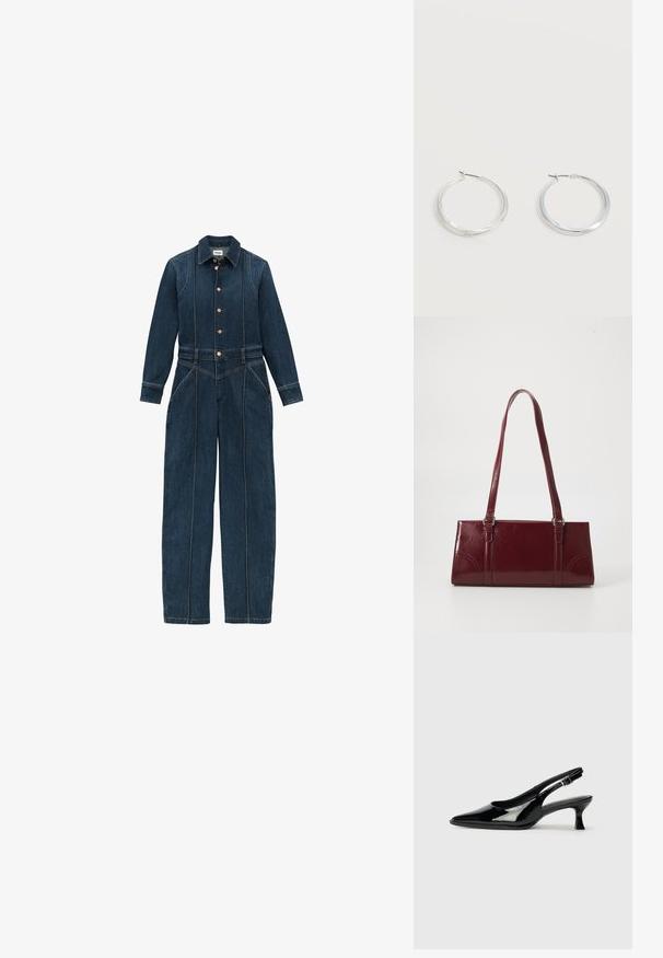 Donkerblauwe denim jumpsuit met lange mouwen, knoopsluiting aan de voorkant, klassieke kraag en brede pijpen. Kenmerkende stikseldetails overal.; Zwarte lakleren slingback schoenen met een spitse neus en een lage blokhak. Verstelbare gespband bij de enkel.; Bourgondische handtas van glanzend materiaal, rechthoekige vorm, met twee schouderbanden en subtiele gebogen accenten aan de voorkant.; Zilverkleurige metalen creolen oorbellen met een glad, licht gebogen oppervlak en sluitingen met haaksluiting op een effen witte achtergrond.