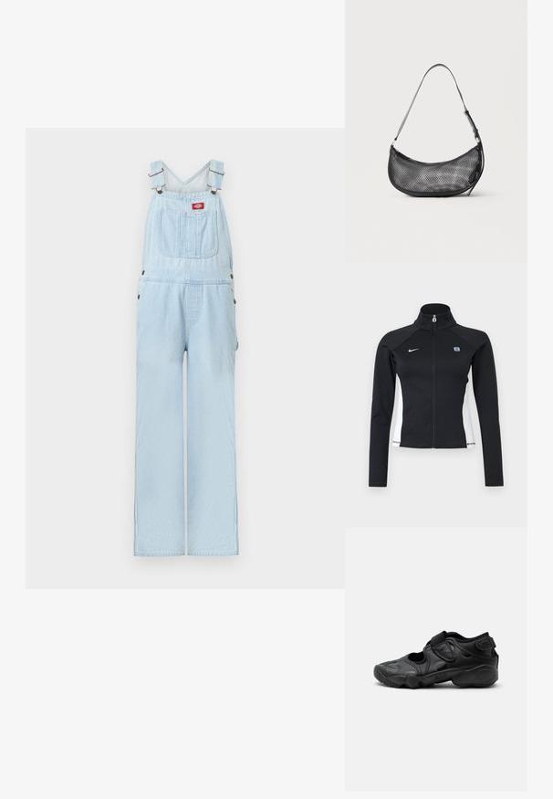 Salopette en denim bleu clair avec bretelles réglables, poche avant avec écusson logo rouge et jambes larges et droites.; Veste de sport noire à fermeture éclair intégrale avec panneaux latéraux blancs, manches longues, col haut, et logo Nike sur la poitrine gauche.; Sandale de sport noire avec bout fermé, brides Velcro au médio-pied et au talon, et semelle épaisse et rembourrée marquée "AIR" sur le côté.; Petit sac d'épaule noir en mesh en forme de croissant avec une lanière fine réglable, sur un fond clair uni.