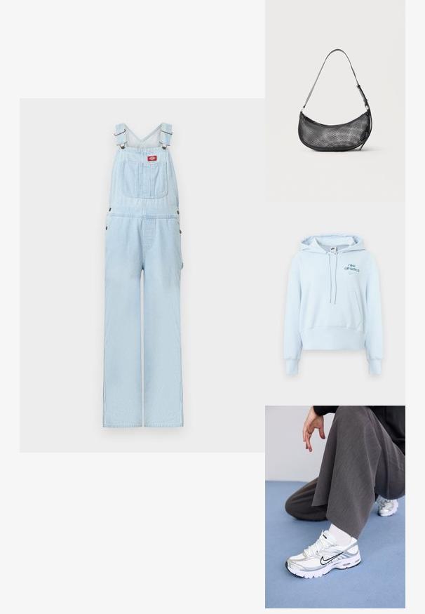 Salopette en denim bleu clair avec bretelles réglables, poche avant avec écusson logo rouge et jambes larges et droites.; Sweat à capuche bleu clair en tissu doux, avec une poche avant, une capuche avec cordon de serrage, des poignets côtelés et des logos Nike brodés.; Baskets de sport blanches et argentées avec des matériaux en maille et synthétiques, dotées de lignes d'accent noir, de lacets et de semelles texturées.; Petit sac d'épaule noir en mesh en forme de croissant avec une lanière fine réglable, sur un fond clair uni.