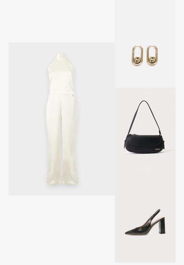 Creme satin jumpsuit med høj hals, tætsiddende buste og vidde ben. Har et lille logo-detail nær taljen. Glat struktur.; Sort læder peep-toe slingback sko med høj blokhæl og beige indvendig foring mod en ensfarvet lys baggrund.; Sort skuldertaske i læder med buet klap, guld "HUGO" logo på forsiden og enkelt justerbar strop.; BOSS DOUBLE B SWING - Øreringe - gold-coloured