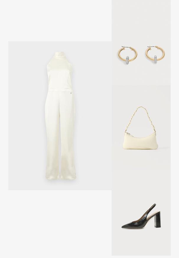 Creme satin jumpsuit med høj hals, tætsiddende buste og vidde ben. Har et lille logo-detail nær taljen. Glat struktur.; Sort læder peep-toe slingback sko med høj blokhæl og beige indvendig foring mod en ensfarvet lys baggrund.; Lille cremefarvet taske med en kurvet form og fletet guldfarvet kæde som håndtag, lynlås lukning på toppen; Par guldtonede hoop øreringe med lille sølvfarvet loop-detalje på hver, vist mod lysegrå baggrund.