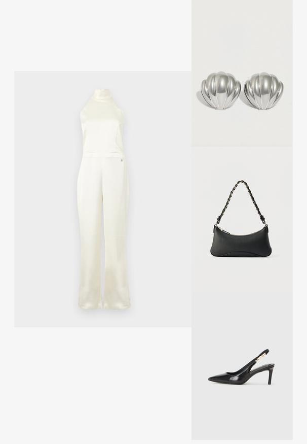 Creme satin jumpsuit med høj hals, tætsiddende buste og vidde ben. Har et lille logo-detail nær taljen. Glat struktur.; Sort læder slingback højhælede sko med spidse tæer, glat overflade og en smal ankelrem med guldfarvede hardware detaljer.; Sort skuldertaske i læder med en buet rektangulær form, gyldent kæde vævet ind i en flettet sort rem og toplynlås.; To sølvfarvede kompakte spejle formet som muslingeskaller med ribbede detaljer, placeret side om side på en hvid baggrund.