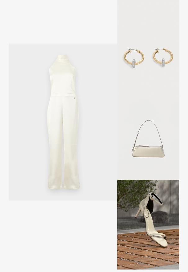 Creme satin jumpsuit med høj hals, tætsiddende buste og vidde ben. Har et lille logo-detail nær taljen. Glat struktur.; Beige sandal med høj hæl og ankelrem stående på træsplinter udendørs, med sløret grønt område og betonbaggrund.; Lille beige læder skuldertaske med tynd rem og lynlås, mærket med et diskret metal-logo på frontens midte.; Par guldtonede hoop øreringe med lille sølvfarvet loop-detalje på hver, vist mod lysegrå baggrund.