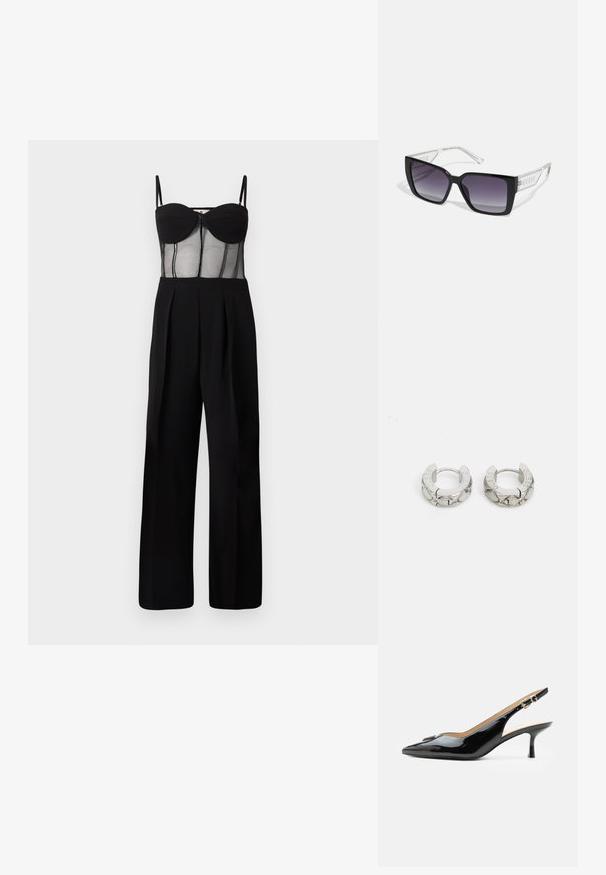 Sort jumpsuit med en tætsiddende mesh overdel med underwire kopper og vide ben. Detaljer inkluderer lynlås foran og plisseringer.; Sort patentlæder slingback hæl med spids tå, lille kitten hæl og sølvspænde på en ensartet hvid baggrund.; Sorte rektangulære solbriller med gradientlinser, klare sidearme med logoakcenter og en tykk rammedesign.; Guess STYLISH - Øreringe - silver-coloured