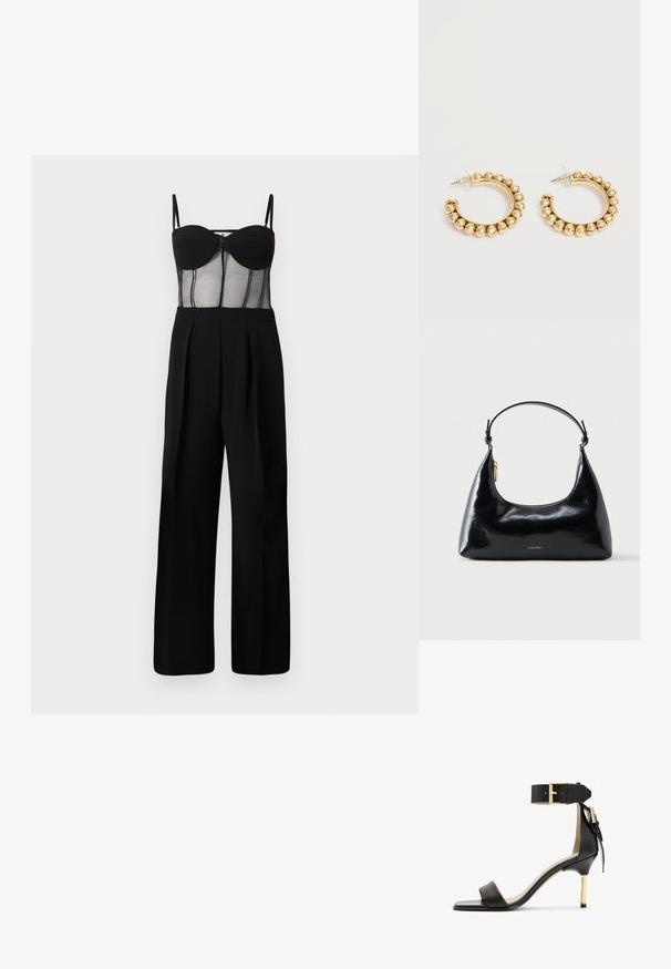 Sort jumpsuit med en tætsiddende mesh overdel med underwire kopper og vide ben. Detaljer inkluderer lynlås foran og plisseringer.; Sort læder hæl sandal med firkantet tå, ankelrem med en guldbuckle og en slank metallisk hæl. Glat tekstur, minimalistisk design.; Sort blank Calvin Klein håndtaske med gyldent lynlås og kort rem mod en ensfarvet hvid baggrund.; Et par guldfarvede creoler med afrundede perle-detaljer langs den ydre kant på en lys baggrund.