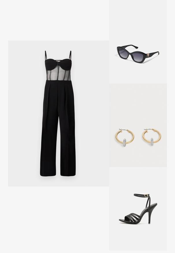 Combinaison noire avec un corsage en mesh ajusté et bonnets à armatures, ainsi que des pantalons à jambes larges. Les détails comprennent une fermeture éclair à l'avant et des plis.; Sandales à talons hauts noires avec des lanières, une fine sangle à la cheville, un bout ouvert et une finition lisse. Présente un talon élancé et un design de lanières texturées.; Guess Lunettes de soleil - shiny black; Paire de boucles d'oreilles créoles dorées avec un petit détail boucle ton argent sur chaque, exposées sur fond gris clair.