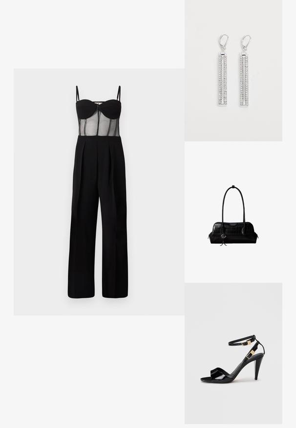 Sort jumpsuit med en tætsiddende mesh overdel med underwire kopper og vide ben. Detaljer inkluderer lynlås foran og plisseringer.; Sorte patentlæder højhælede sandaler med dobbelte ankelremme og guldspænder, åben tå og slank taperet hæl på neutral baggrund.; Sort skuldertaske i krokodillelæder med lange stropper og lille sølvlogo-charm på den ene strop.; Sølv øreringe med to forlængede stænger, hver sat med små, klare rhinsten i et lineært mønster. Lever-back lukning.