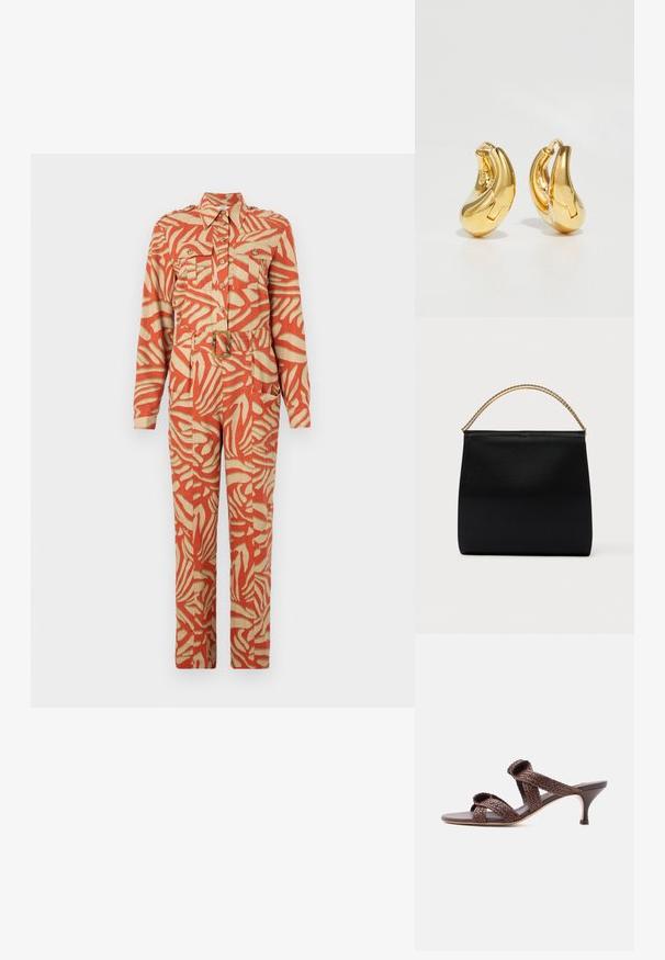 Langærmet jumpsuit med et orange og crème abstrakt mønster. Har to brystlommer, en bæltestrop i taljen og knaplukning foran. Lavet af letvægtsstof.; Brun vævet læder-sandal med to remme og en lav kittenhæle på en ensfarvet hvid baggrund.; Sort taske lavet af glat stof, med en struktureret form, et håndtag med guld kæde og et minimalistisk geometrisk design.; Guldringeøreringe med en glat, buet form og poleret overflade. Udstyret med en lukkeanordning og lette fordybninger for detaljer.