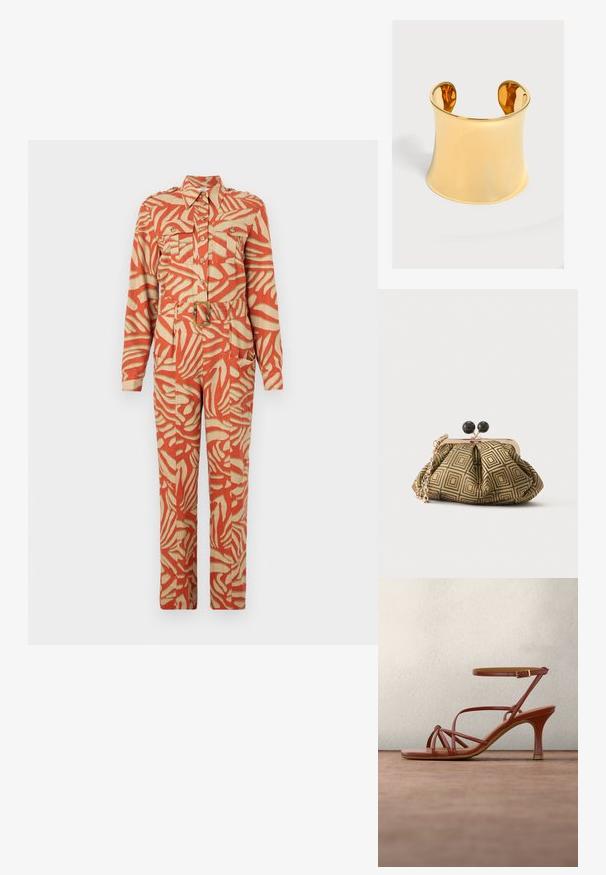 Langærmet jumpsuit med et orange og crème abstrakt mønster. Har to brystlommer, en bæltestrop i taljen og knaplukning foran. Lavet af letvægtsstof.; Brun højhælet sandal med stropper og ankelspænde, der svæver over en grå betongulv med sløret glasbaggrund.; Lille clutch taske med gyldent og sort geometrisk mønster, guldfarvet metalramme, sort kuglelås og en kort guldkæde som rem.; Bred skinnende guldbøjlearmbånd med åben bagside og glatte, buede kanter på en ensfarvet lys baggrund.