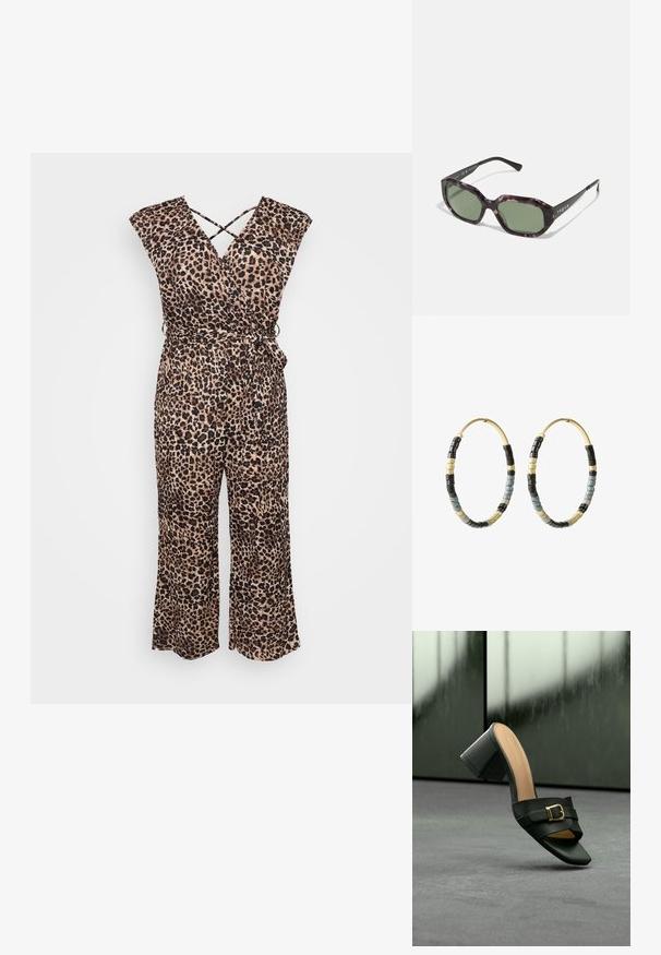 Løveprint jumpsuit i let stof; har en indviklet design, korte ærmer og en tætsiddende talje med en bindebånd, brede flagrende ben.; Sort læder mule med åben tå, blokhæl og guldbuckles, vist på grå overflade med sløret mørk baggrund.; Brune skildpaddedsolbriller med polariserede grønne linser, rektangulært stel og sorte arme med ordet "vogue" i hvidt.; Øreringe i guldtone med et perledesign med sorte, grå og guld accenter, cylindriske perler arrangeret i et mønster.