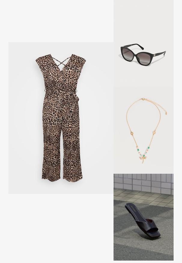 Løveprint jumpsuit i let stof; har en indviklet design, korte ærmer og en tætsiddende talje med en bindebånd, brede flagrende ben.; Mørkebrun sandal med åben tå, firkantet tå og bred rem, hvilende på grå asfalt nær flisebelagt fortov.; Sorte katteøje-solbriller med gradientlinser. Har en slank plastikramme, sølvlogo-detalje på templet og buede arme.; Guld kæde halskæde med pink, grønne og hvide perler, to små gyldne blomstercharms og en juvelbesat guldsmed vedhæng.