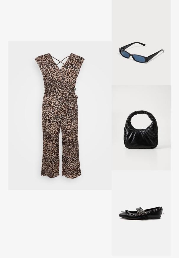 Leopardenmuster-Jumpsuit aus leichtem Material; verfügt über ein Wickeldesign, kurze Ärmel und eine taillierte Taille mit einer Bindeschleife sowie weit ausgestellten Beinen.; Schwarzer flacher Ballettschuh mit doppelten Schnallenriemen, silbernen Ösen und einer kleinen Schleife nahe der abgerundeten Spitze auf weißem Hintergrund.; Schwarze Sonnenbrille mit einem eleganten rechteckigen Rahmen und blauen Gläsern. Besitzt eine glatte Oberfläche und robuste Scharniere. Markenlogo an der Seite.; Schwarze gepolsterte Handtasche mit einem runden Griff, die eine glatte, glänzende Oberfläche und eine weiche, gestepfte Textur aufweist. Keine sichtbare Hardware oder Akzente.