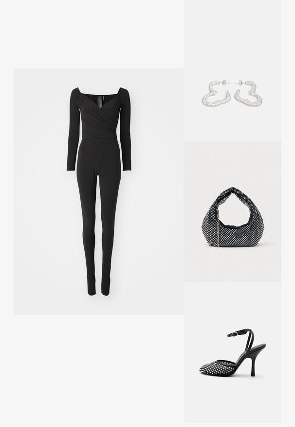 Sort langærmet jumpsuit med firkantet halsudskæring, indpakningsdesign ved kropholdet og tætsiddende ben, lavet af strækbart stof.; Sort højhælet sko med ankestrop, spids tå og forside dekoreret med sølvnitter på en gennemsigtig mesh-bund.; Sort mesh håndtaske prydet med sølvnitter, udstyret med et buet håndtag og en kædetraspe. Blød tekstur med en rund form.; Sølvfarvede øreringe med et bølget, abstrakt design prydet med små, funklende krystaller. Sikret med en studs baglukning.
