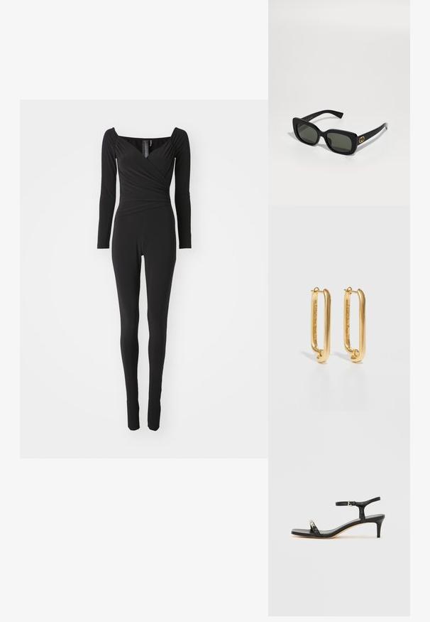 Musthave musta pikkade varrukatega jumpsuit, millel on ruudukujuline kaelus, kehas kokkuvolditud disain ja ja kitsa säärega, valmistatud venivast kangast.; Mustast nahast kontsaga sandaal pahklipaelaga, avatud varbaga, ruudukujulise esiosa ja hõbedase riistvaralist rõhutusega. Lõigatud disain ja sujuv profiil.; Mustad mustad prillid roheliste objektiividega. Paks plastikkorpus, millel on kuldne logo aktsent külgedel. Sile, läikiv tekstuur.; Kuldtooni rõngas kõrvarõngad, millel on ristkülikukujuline kuju, sile viimistlus ja minimalistik disain. Poleeritud metallpind, turvaline lukk.