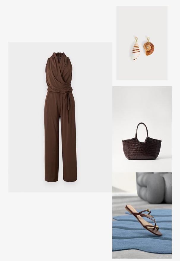 Combinaison marron sans manches avec col en V drapé, taille cintrée avec ceinture nouée et pantalon à jambes larges sur fond uni.; Sandale plate marron avec des lanières fines et des perles dorées reposant sur un tapis bleu texturé, avec une grande sculpture abstraite grise en arrière-plan.; Sac fourre-tout tissé marron avec un sommet arrondi et deux poignées. Présente un motif texturé avec une structure large et ouverte pour un accès facile.; Boucles d'oreilles asymétriques avec pendentifs en coquillages, clous dorés avec dessus en perle et petites pierres précieuses transparentes incrustées sur chaque coquillage.
