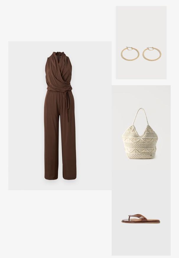 Sleeveless brown jumpsuit with draped V-neck, cinched waist with tie belt, and wide-leg trousers on plain background.; Brown leather flip-flop with a textured strap and smooth insole. Features a minimalist design and a flat sole, suitable for casual wear.; Cream-colored macramé tote bag with intricate woven patterns and a single loop handle on a plain background.; Pair of medium-sized gold hoop earrings with a textured, beaded design on a plain light background.
