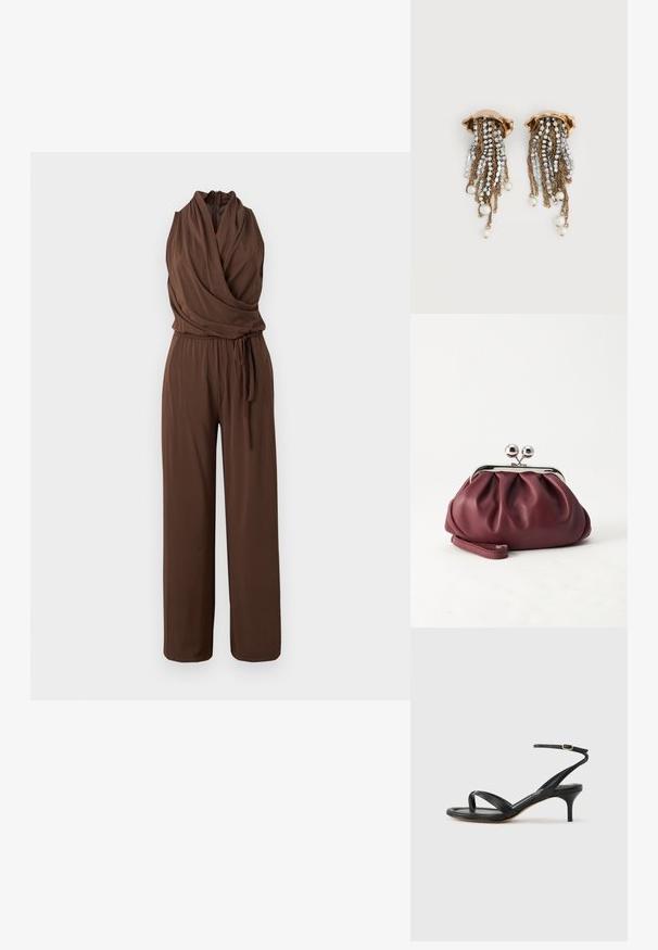 Sleeveless brown jumpsuit with draped V-neck, cinched waist with tie belt, and wide-leg trousers on plain background.; Black leather women's sandal with thin straps, a toe loop, ankle buckle, and a mid-height stiletto heel on a neutral background.; Small burgundy leather clutch purse with silver metal clasp and wrist strap on a white background.; Gold-tone clip-on earrings with cascading rhinestone chains and dangling white pearls on a white background.