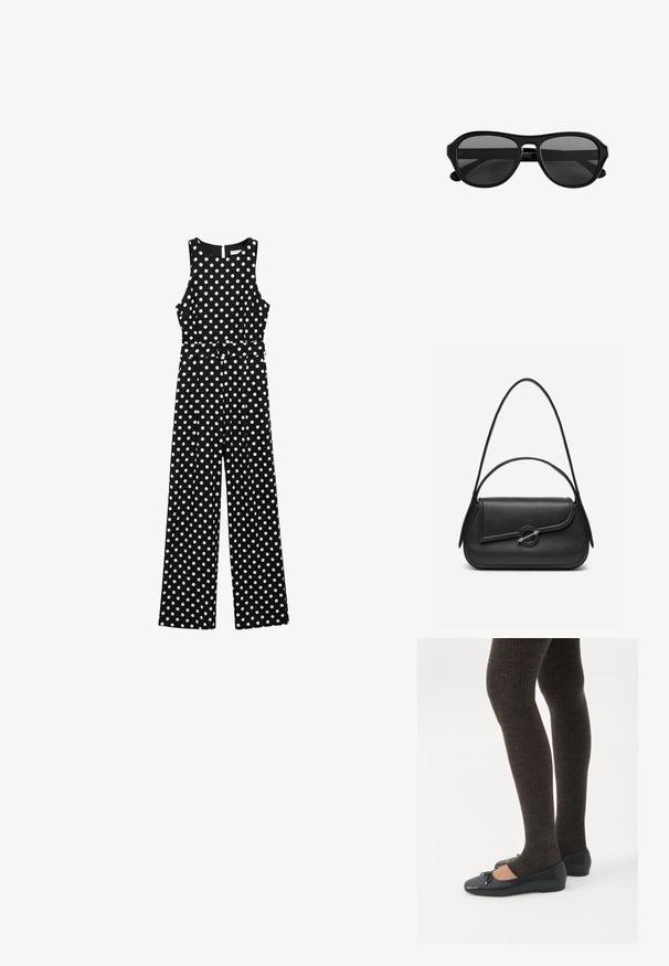 Sort jumpsuit med hvide prikker, ærmeløs design, indsnævret talje med bælte, brede bukser og en nøglehulskæring i ryggen.; Ben iført mørke ribbede leggings kombineret med sorte balletsko med små sløjfedetaljer på hvid baggrund.; Solbriller med sort plaststel, mørke tonede glas og en smal bro, vist forfra på en hvid baggrund.; Sort læderhåndtaske med afrundede kanter, asymmetrisk klap, metalcirkulært spænde samt både korte og lange skulderstropper.