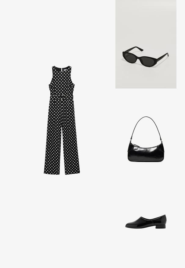 Sort jumpsuit med hvide prikker, ærmeløs design, indsnævret talje med bælte, brede bukser og en nøglehulskæring i ryggen.; Sort patentlæder slip-on sko med rund tå og lav, blokhælhælk. Glat overflade, minimalistisk design, ingen synlige udsmykninger.; Sorte solbriller med en smal, katteøjeform. Fremstillet af glat plast, med mørke linser og diskrete logo accenter på stængerne.; Sort, blank skuldertaske i læder med et enkelt rum med lynlås og en tynd rem buet i en bueform.