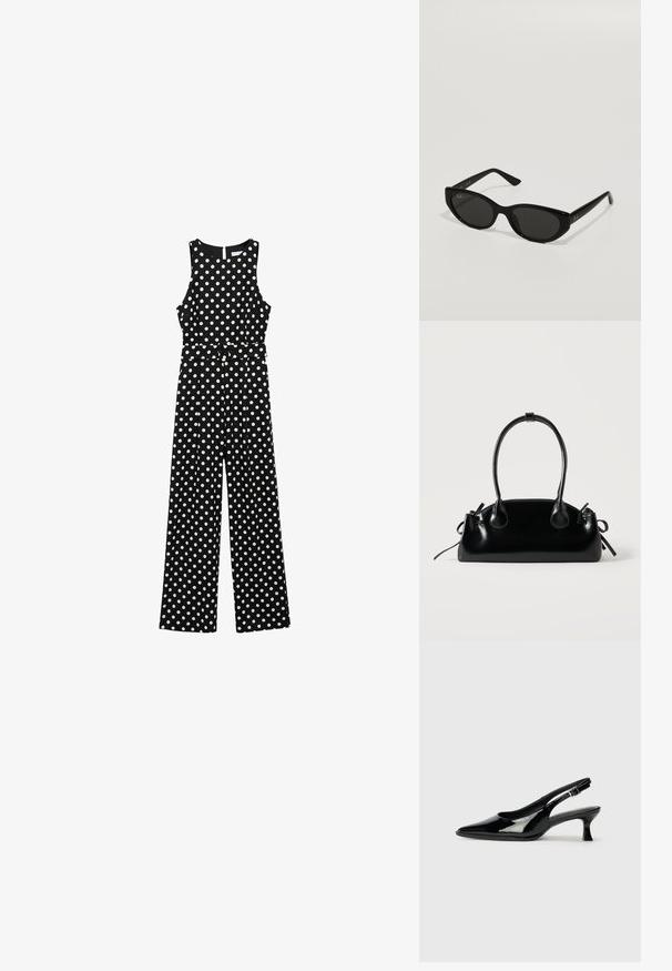 Sort jumpsuit med hvide prikker, ærmeløs design, indsnævret talje med bælte, brede bukser og en nøglehulskæring i ryggen.; Sorte patenterede slingback-sko med spidse tæer og lav blokhæl. Justerbar spænde-rem ved anklen.; Sorte solbriller med en smal, katteøjeform. Fremstillet af glat plast, med mørke linser og diskrete logo accenter på stængerne.; Lille sort blank håndtaske med to lange håndtag og snøre-detaljer i siden på en ensfarvet lys baggrund.