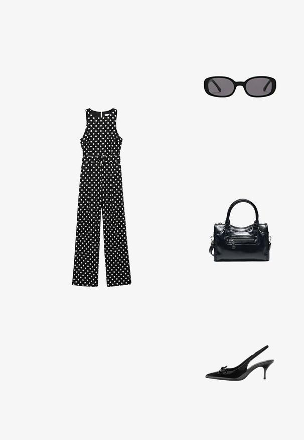 Zwarte jumpsuit met witte stippen, mouwloos ontwerp, taille cinched met een riem, wijde broekspijpen en een sleutelgatuitsnede op de rug.; Zwarte gepatineerde leren slingback schoen met een puntige neus, een lage hak en een decoratieve strikdetail aan de zijkant. Vloeiende textuur overal.; Zwarte ovale zonnebril met dikke monturen en donkere glazen getoond op een effen witte achtergrond.; Zwarte glanzende leren handtas met twee handvatten, voorvak met rits en afneembare schouderriem op witte achtergrond.
