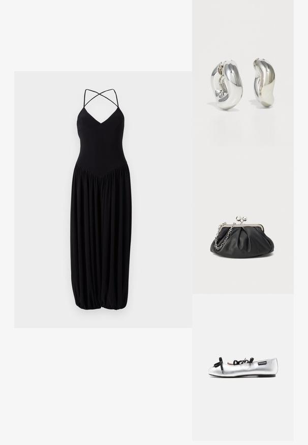 Robe noire sans manches avec un décolleté en V, dotée de sangles croisées et d'une jupe bouffante plissée. Fabriquée en tissu doux et léger.; Ballerine argentée avec lacets ruban noirs et étiquette Love Moschino, vue de côté sur un fond gris clair.; Porte-monnaie en cuir noir avec texture froncée, cadre en métal argenté, fermeture à verrouillage kiss-lock et bandoulière en chaîne. Surface lisse et douce.; Boucles d'oreilles sculpturales en argent avec des formes douces et courbes et des surfaces réfléchissantes. Présentent un design de boucle fermée et une forme organique distincte.