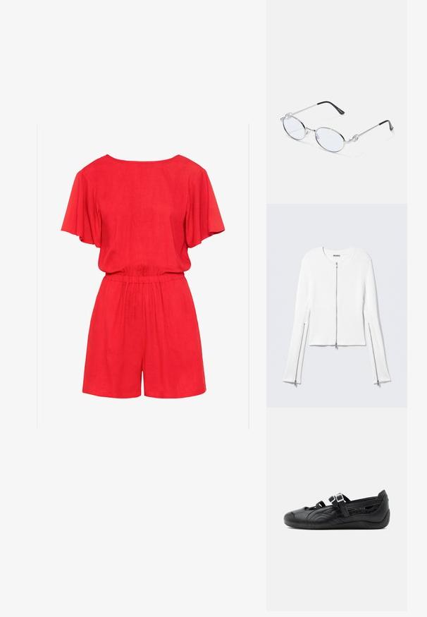 Mono corto rojo de manga corta con escote redondeado, cintura ceñida y tela fluida. Presenta un ajuste relajado y diseño de pantalones cortos.; Chaqueta blanca de punto acanalado con cuello redondo, diseño corto y cremalleras plateadas delanteras y laterales en las mangas largas.; Zapato Mary Jane negro plano con patrón texturizado, dos correas ajustables con hebillas y suela de perfil bajo sobre un fondo liso.; Gafas ovaladas de metal plateado con lentes transparentes, que cuentan con acentos decorativos en los laterales y puntas negras en las patillas para mayor agarre y comodidad.