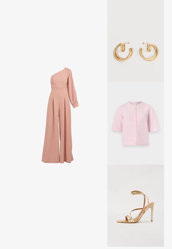Lyserød en-skulder jumpsuit med en tætsiddende krop, lang pufærme, plisserede bukser med bred ben og en glat, let stofstruktur.; Blød lyserød cardigan med korte ærmer, rund halsudskæring og fem knapper ned foran.; Even&Odd Sandaler - gold; Par af skinnende gyldne dobbelt loop øreringe med stift-lukning på hvid baggrund.